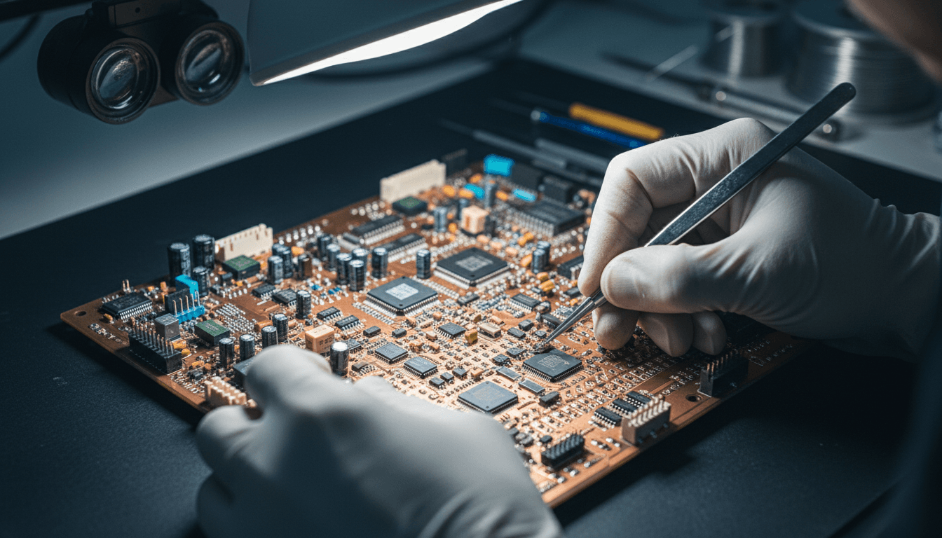 Technician performing precision component-level repair on railway electronics board